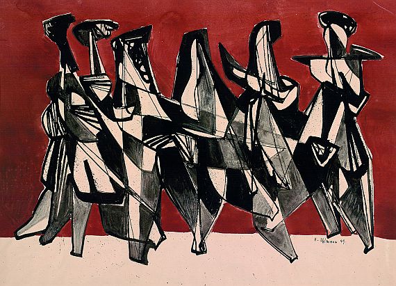 Hans Uhlmann - Ohne Titel (6 schwarze Figuren vor rotbraunem Grund)