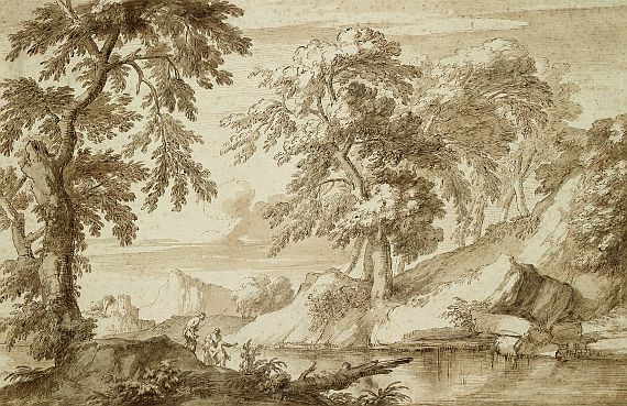  Italienisch - Baumbestandene Flusslandschaft mit Personenstaffage