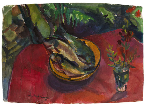 Bruno Müller-Linow - Forellen auf rotem Tischtuch im Garten