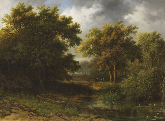 Willem Bodeman - Waldlandschaft mit Weiher und Rastenden
