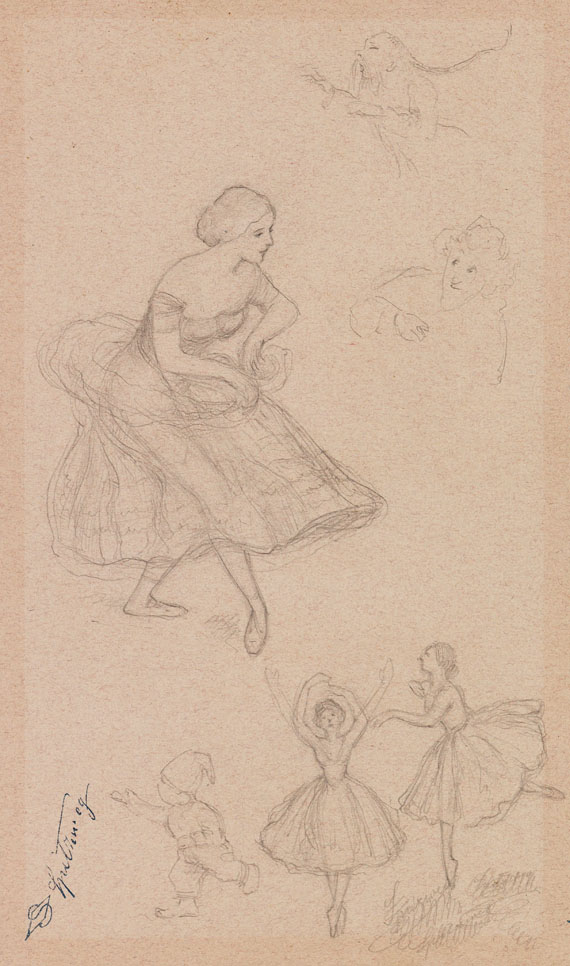 Carl Spitzweg - Studienblatt mit Ballett-Tänzerinnen und Zwergen