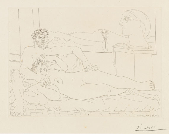 Pablo Picasso - Vieux sculpteur et jeune modèle avec le portrait sculpté du modèle