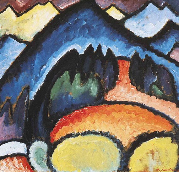 Abbildung zu: Alexej von Jawlensky, Oberstdorf, 1912, Öl auf Malkarton, verkauft 2013, seither der Höchstzuschlag für ein Landschaftsgemälde von Jawlensky.