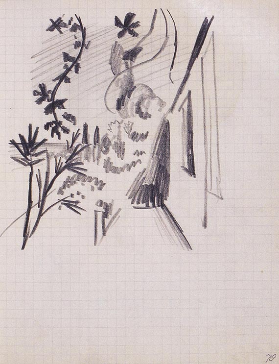 Abbildung zu: August Macke, Terrasse, nach Henri Matisse, Die Terrasse, St. Tropez, 1910, Bleistift, Skizzenbuch Nr. 38, S. 73.