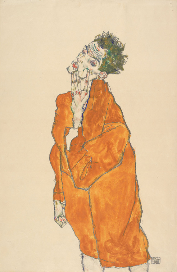 Abbildung zu: Egon Schiele, Selbstporträt mit orangener Jacke, 1913, Aquarell auf Papier, Albertina, Wien.