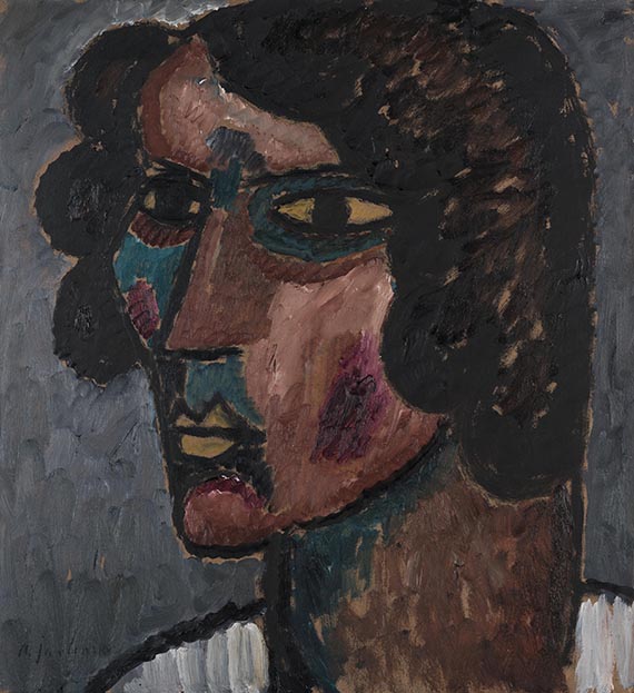 Abbildung zu: Alexej von Jawlensky, Bildnis Sacharoff, 1913, Öl auf Malkarton, Museum Wiesbaden.