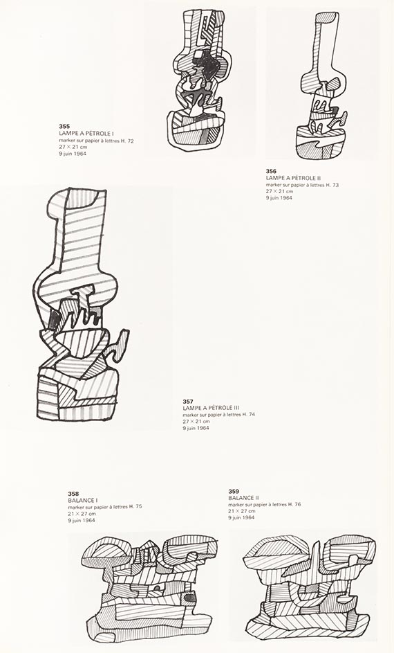 Abbildung zu: Jean Dubuffet, Zeichnungen von Petroleumlampe und Waage, 1964, aus: Max Loreau, Fascicule XX: L´Hourloupe I, Paris 1966, S. 163. © VG Bild-Kunst, Bonn 2025