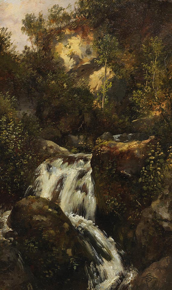 Carl Spitzweg - Felsenstudie mit Wasserfall (herabstürzender Wildbach, von Bäumen umgeben)