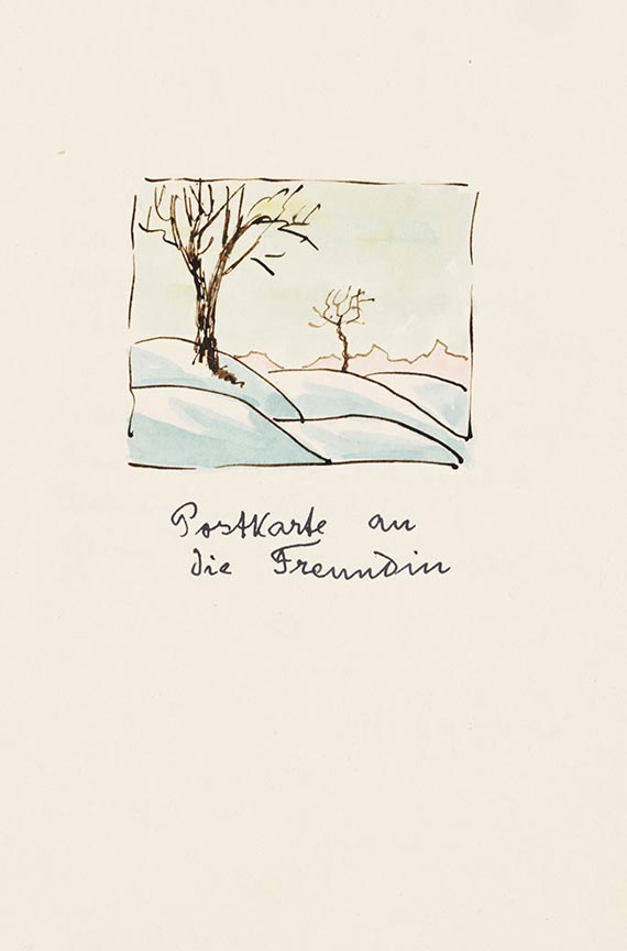 Hermann Hesse - Postkarte an die Freundin. Eigenh. Gedicht mit Aquarell. Dabei: Illustr. Dankkarte