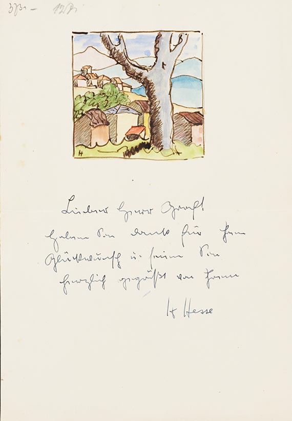 Hermann Hesse - Aquarell mit Widmung