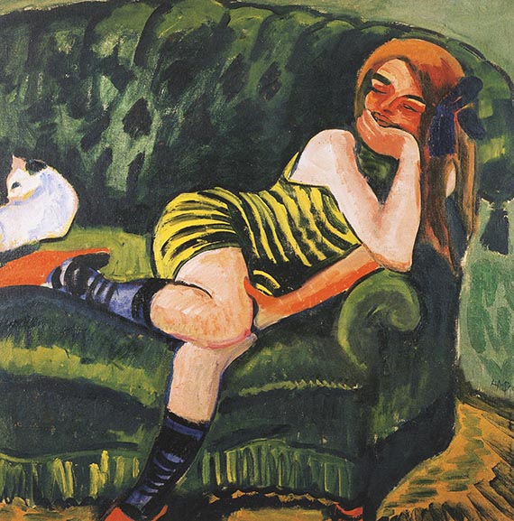 Abbildung zu: Max Pechstein, Das Gr&uuml;ne Sofa, 1910, &Ouml;l auf Leinwand, Museum Ludwig, K&ouml;ln. &copy; Pechstein 2025 Hamburg / Berlin<br />/ VG Bild-Kunst, Bonn 2025