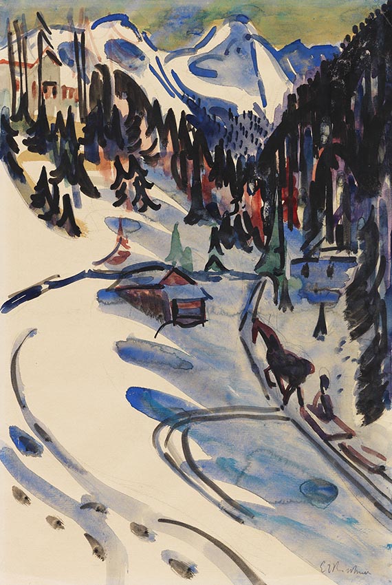Abbildung zu: Ernst Ludwig Kirchner, Sertigtal im Winter, 1924/25, Aquarell über Bleistift, versteigert bei Ketterer Kunst, 12.12.2020.