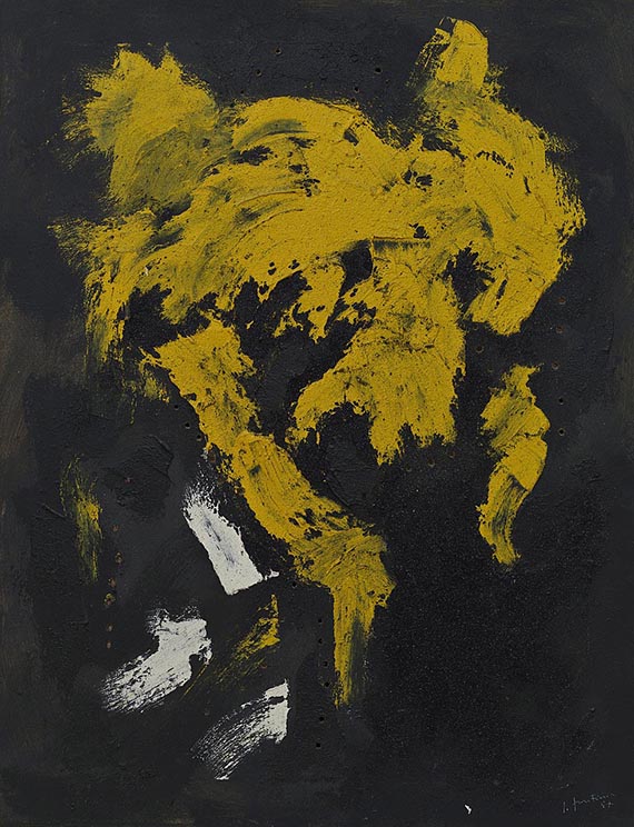 Abbildung zu:   Lucio Fontana, Concetto spaziale (Raumkonzept), 1957, &Ouml;l auf Leinwand, Guggenheim Museum, New York. &copy; Lucio Fontana by SIAE / VG Bild-Kunst, Bonn 2025 