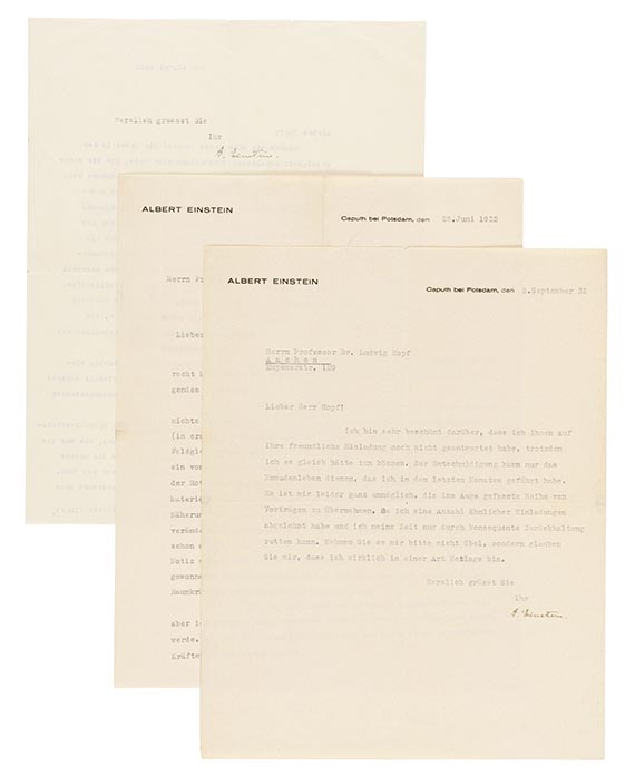 Albert Einstein - 3 masch. Briefe m. U. an Prof. Ludwig Hopf, Mathematiker