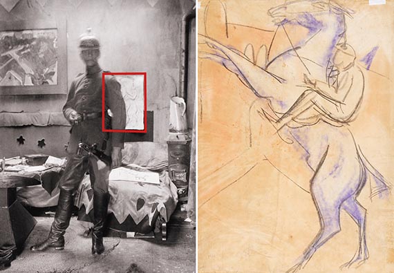 Abbildung zu: Selbstportr&auml;t als Soldat im Atelier Berlin-Friedenau, K&ouml;rnerstra&szlig;e 45, 1915, Foto: E. L. Kirchner.<br />Die R&uuml;ckseite der hier angebotenen Arbeit (rechts), ca. 1915, schwarze und farbige Kreide, vermutlich auf der Fotografie links im Hintergrund zu sehen.
