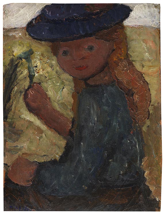 Paula Modersohn-Becker - Sitzendes Mädchen mit blauem Hut und Blume in der rechten Hand