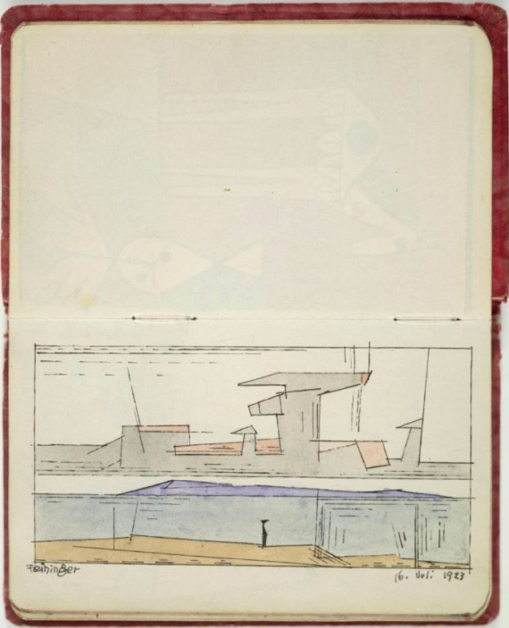 Abbildung zu: Lyonel Feininger, Zeichnung im &bdquo;Livre d&rsquo;or&ldquo; (G&auml;stebuch) von Nina Kandinsky, 1923, Tusche und Aquarell auf Papier, Centre Pompidou, Paris. &copy; VG Bild-Kunst, Bonn 2026